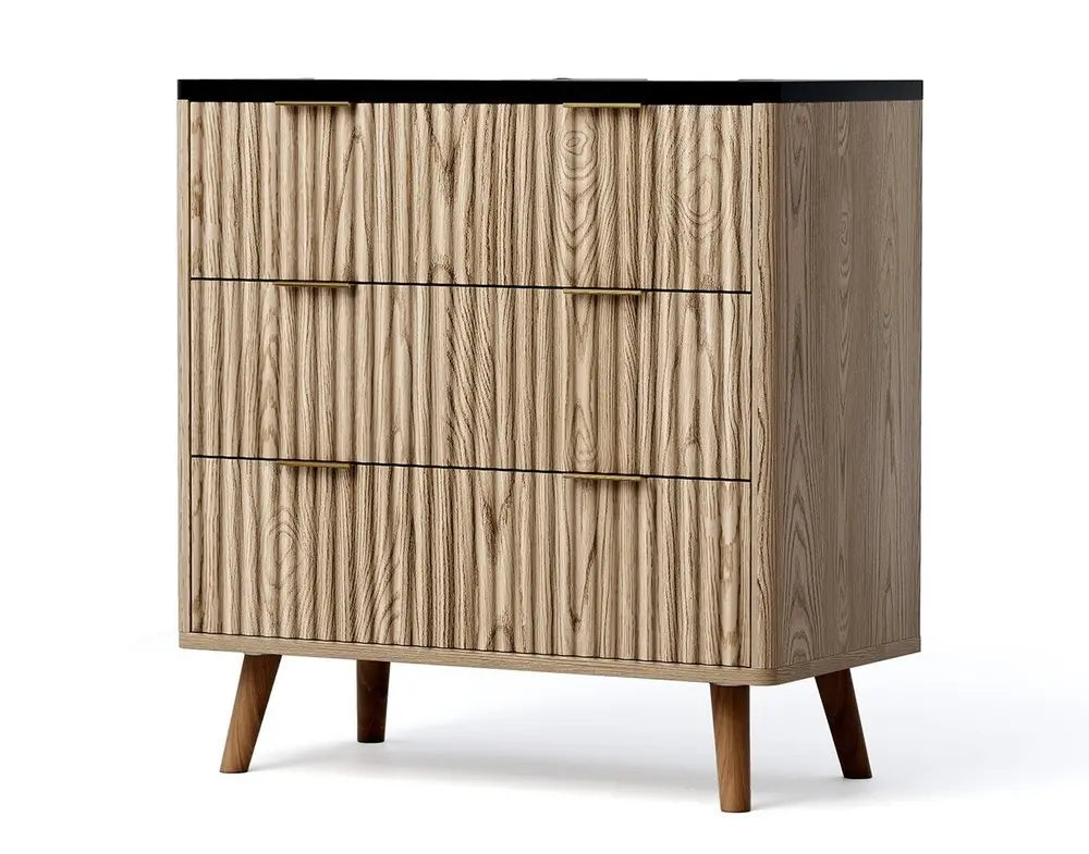 32" Black and Oak Solid Wood Console Accent Cabinet With Three Drawers - NOVA HOME FURNITURE