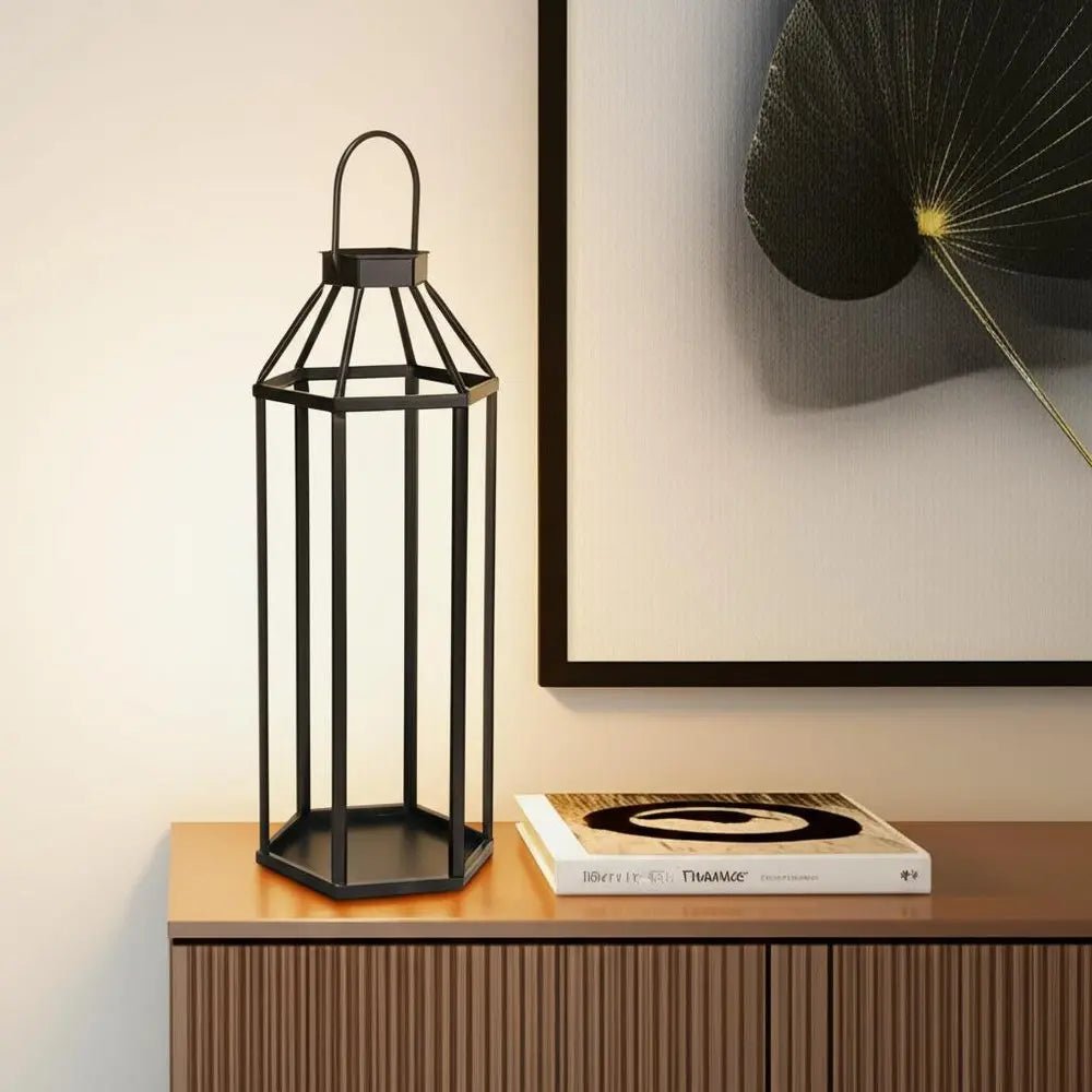 32" Black Geometric Metal Floor Lantern Candle Holder HomeRoots