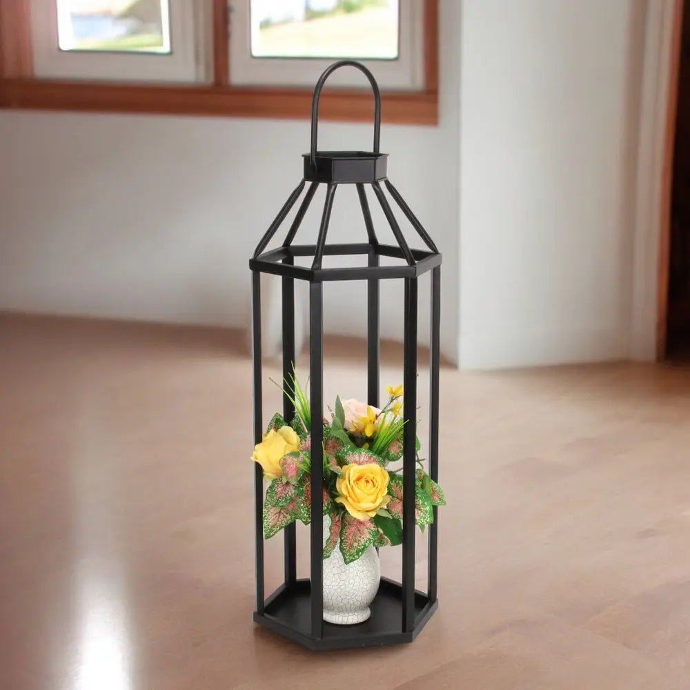32" Black Geometric Metal Floor Lantern Candle Holder HomeRoots
