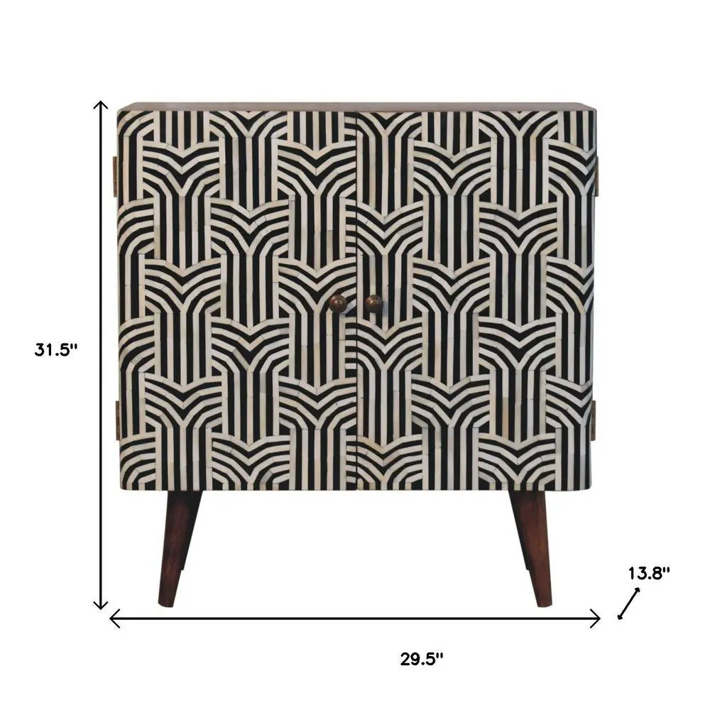 32" Brown Black and White Solid Wood And Inlaid Bone Textured Accent Cabinet With Two Doors - NOVA HOME FURNITURE