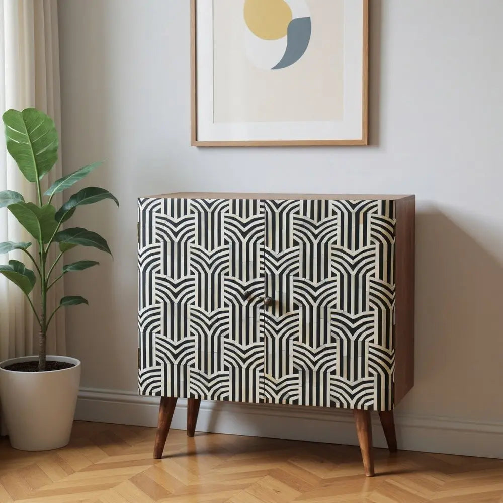 32" Brown Black and White Solid Wood And Inlaid Bone Textured Accent Cabinet With Two Doors - NOVA HOME FURNITURE