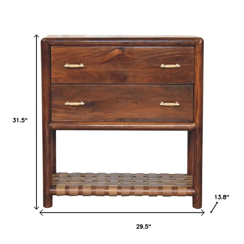 32" Brown Solid Wood Two Drawer Nightstand With Leather Shelf - NOBLE HOME INTERIORS