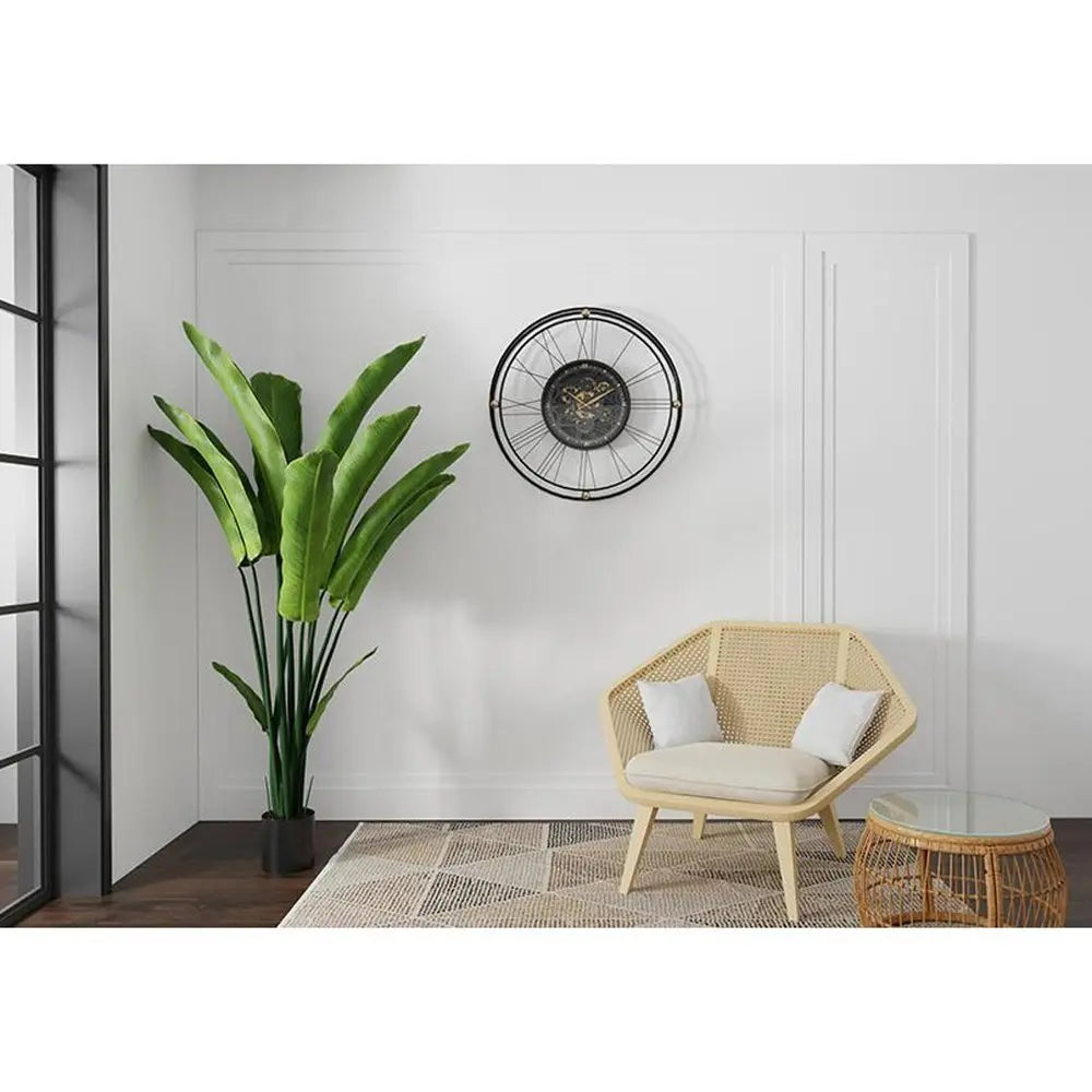 32" Circle Black and Gold Metal and Glass Analog Exposed Gear Wall Clock - NOBLE HOME INTERIORS