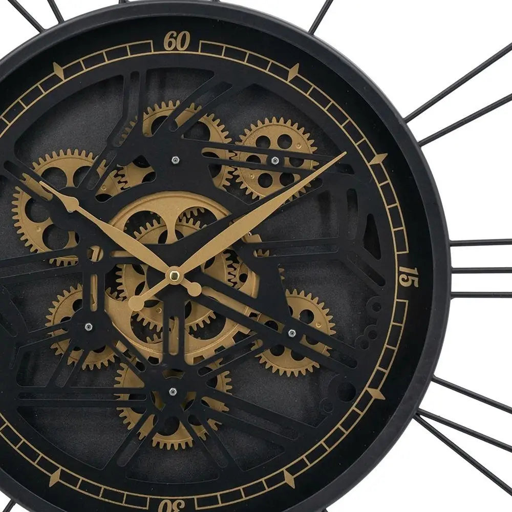 32" Circle Black and Gold Metal and Glass Analog Exposed Gear Wall Clock - NOBLE HOME INTERIORS