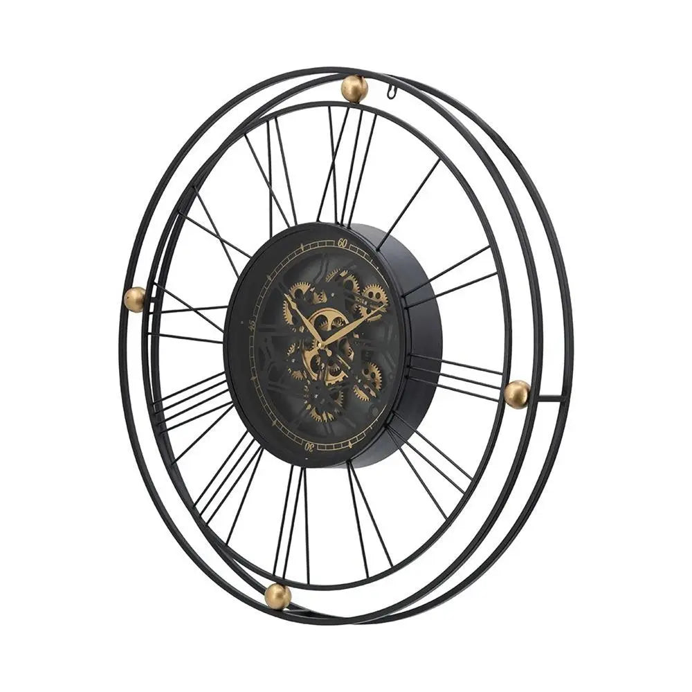 32" Circle Black and Gold Metal and Glass Analog Exposed Gear Wall Clock - NOBLE HOME INTERIORS
