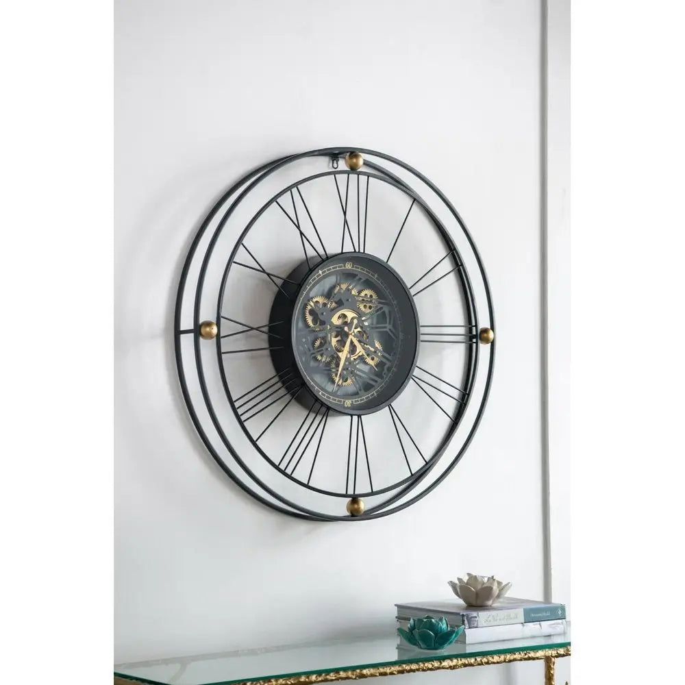 32" Circle Black and Gold Metal and Glass Analog Exposed Gear Wall Clock - NOBLE HOME INTERIORS