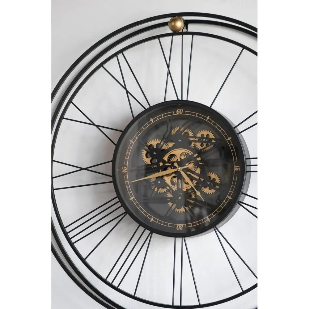 32" Circle Black and Gold Metal and Glass Analog Exposed Gear Wall Clock - NOBLE HOME INTERIORS