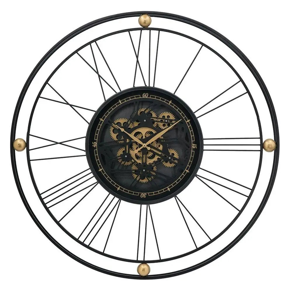 32" Circle Black and Gold Metal and Glass Analog Exposed Gear Wall Clock - NOBLE HOME INTERIORS
