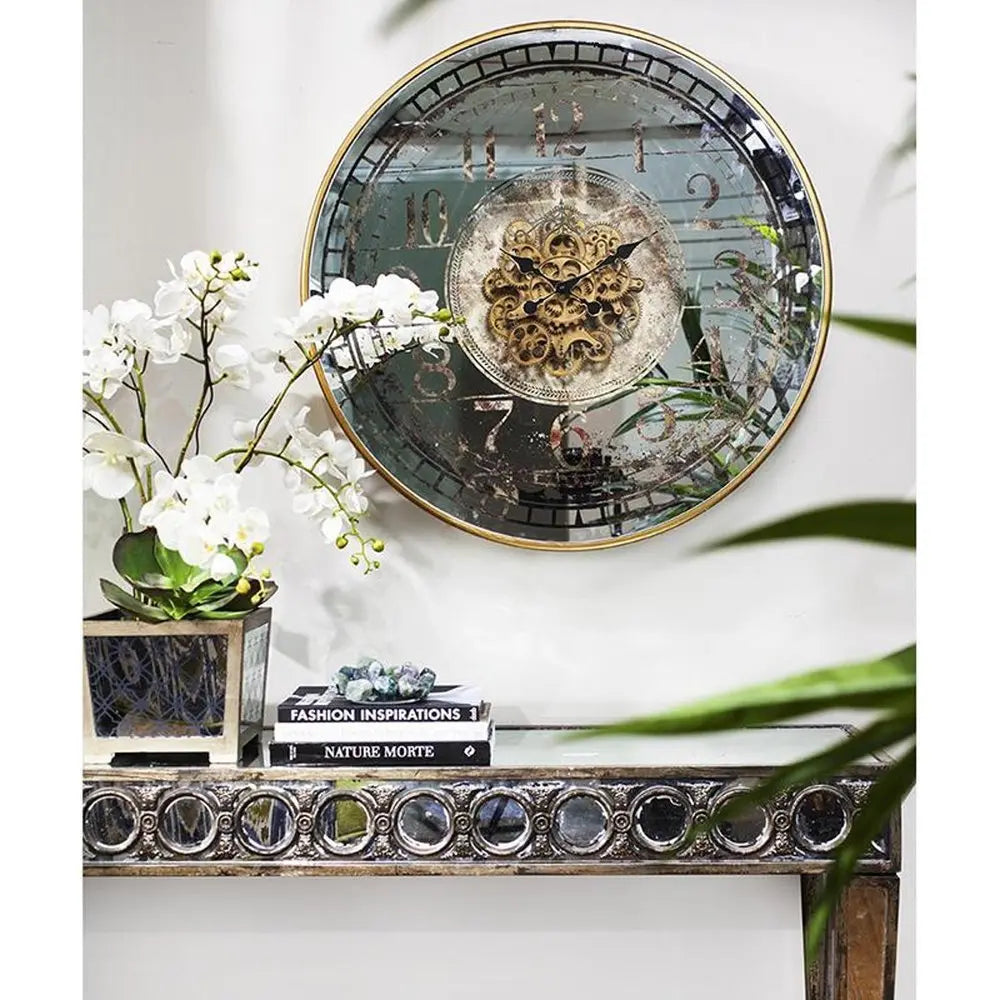 32" Circle Gold and Silver Metal and Mirror Analog Exposed Gear Wall Clock - NOBLE HOME INTERIORS