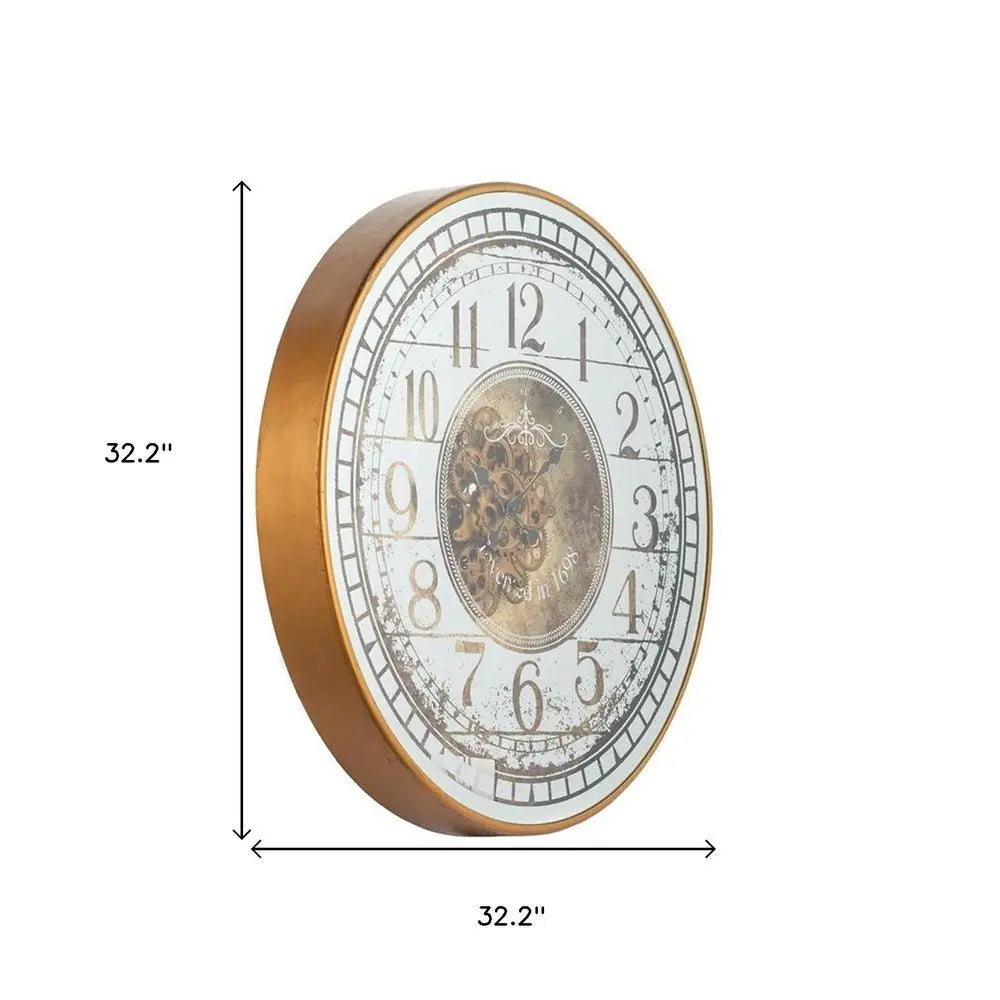 32" Circle Gold and Silver Metal and Mirror Analog Exposed Gear Wall Clock - NOBLE HOME INTERIORS