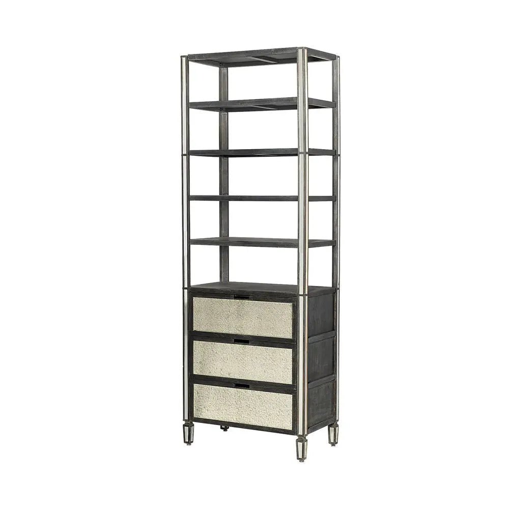 32" Dark Brown Solid Wood and Mirrored Glass Four Tier Bookcase with Three Drawers - NOBLE HOME INTERIORS
