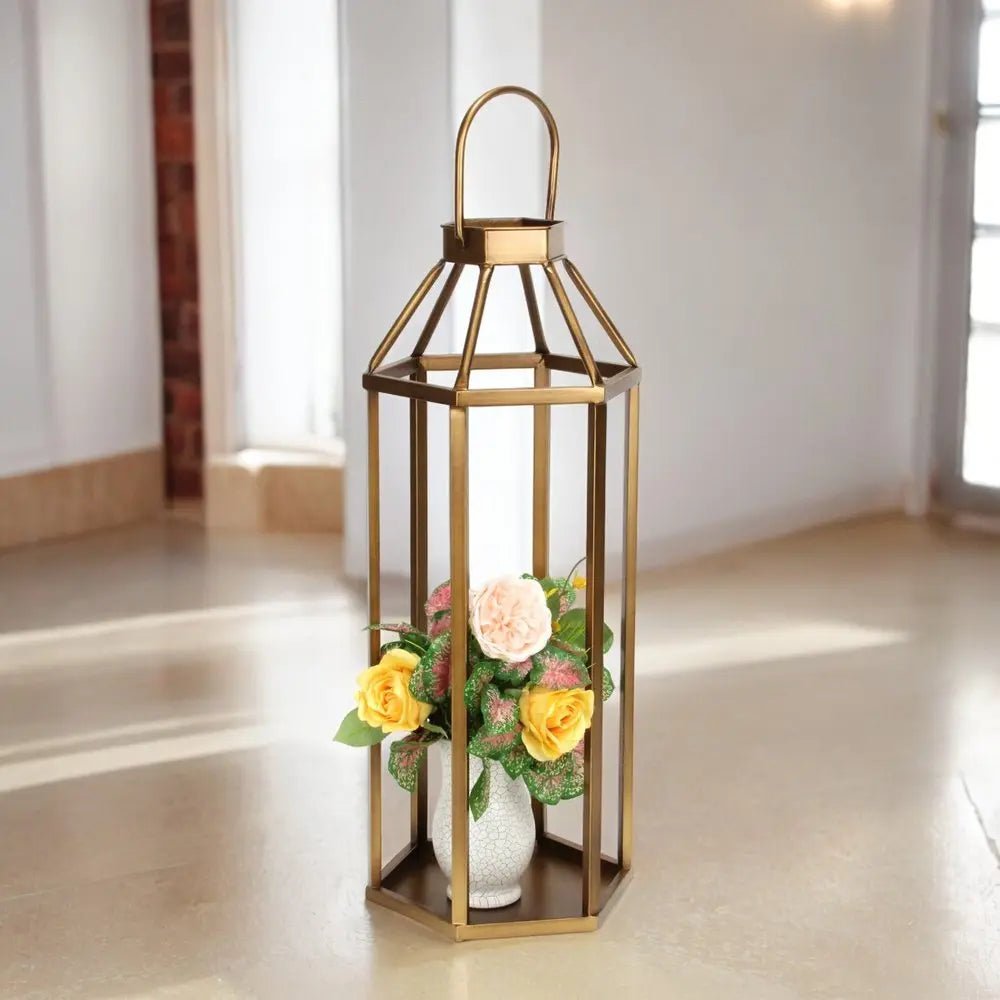 32" Gold Geometric Metal Floor Lantern Candle Holder HomeRoots