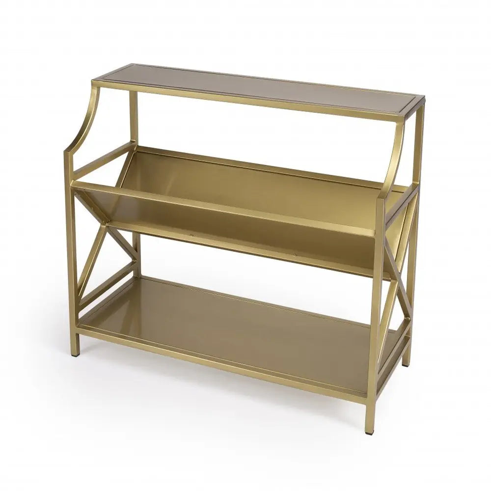 32" Gold Iron and Metal Two Tier Bookcase - NOBLE HOME INTERIORS