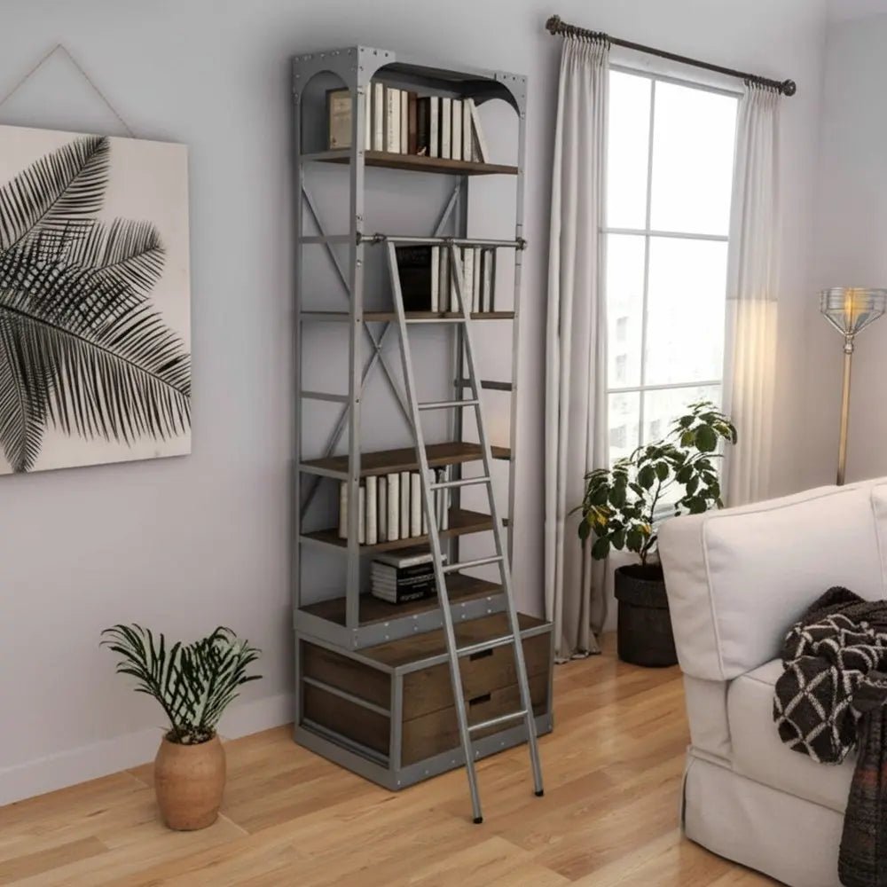 32" Light Brown And Nickel Metal and Solid Wood Five Tier Library Bookcase with Two Drawers - NOBLE HOME INTERIORS