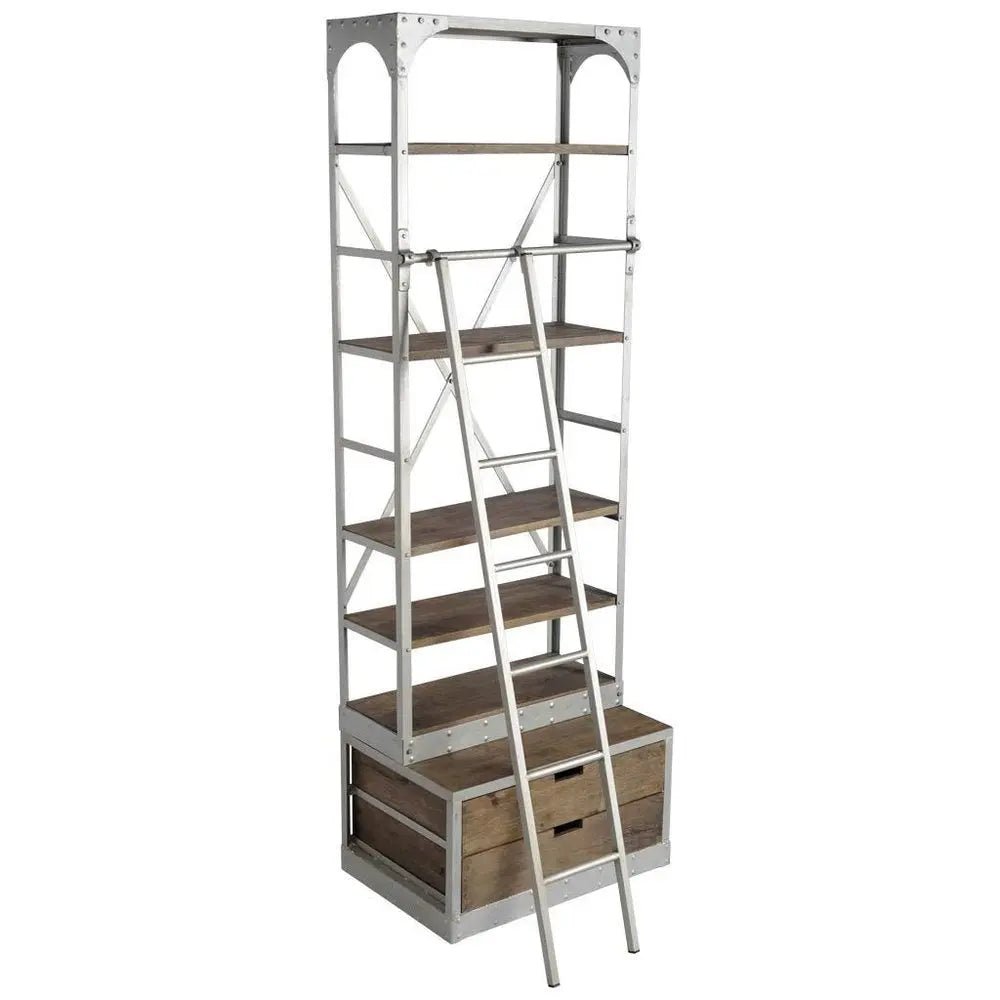 32" Light Brown And Nickel Metal and Solid Wood Five Tier Library Bookcase with Two Drawers - NOBLE HOME INTERIORS