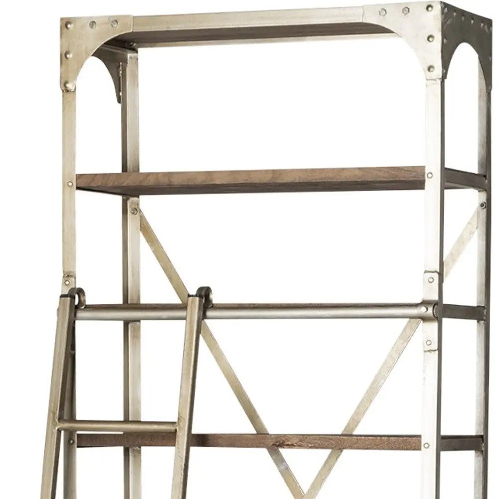 32" Light Brown And Nickel Metal and Solid Wood Six Tier Library Bookcase with Two Drawers - NOBLE HOME INTERIORS