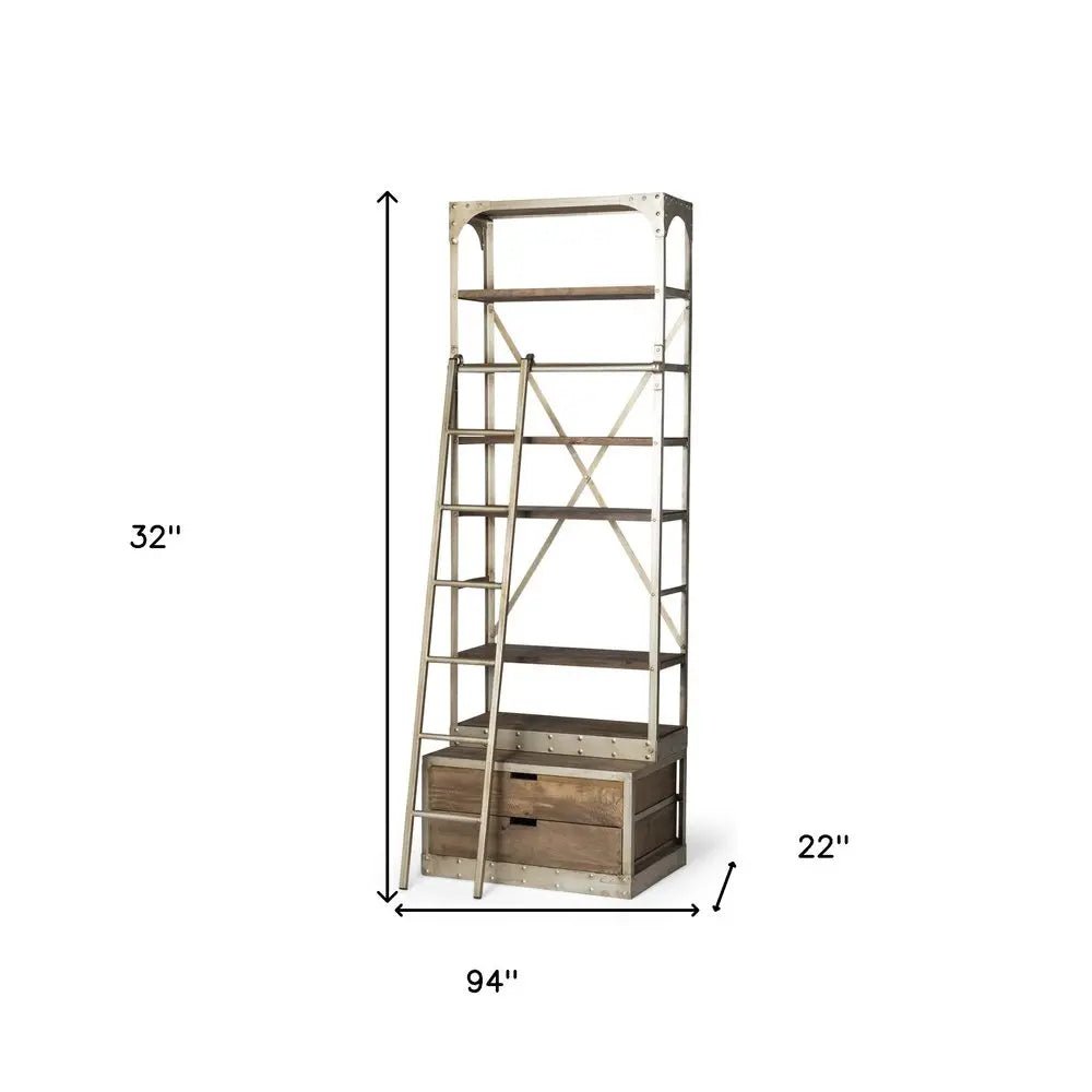 32" Light Brown And Nickel Metal and Solid Wood Six Tier Library Bookcase with Two Drawers - NOBLE HOME INTERIORS