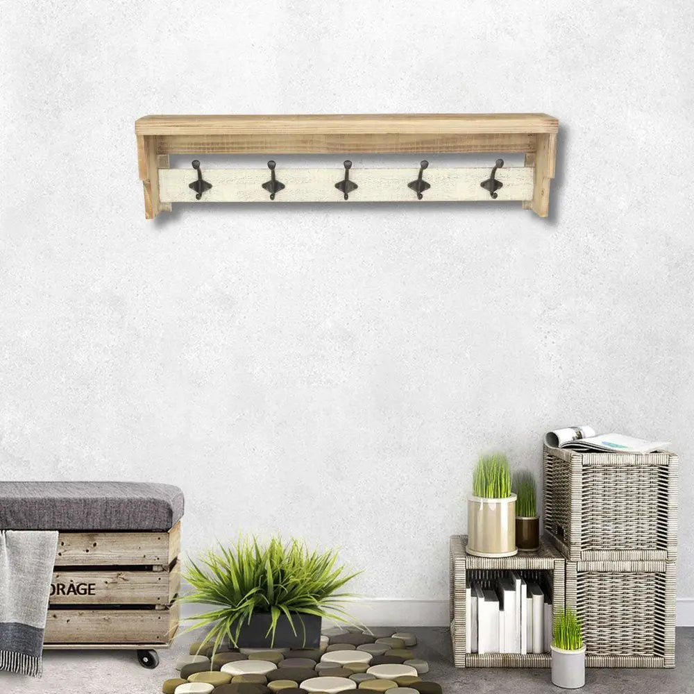 32" Natural Wood Five Hook Wall Mount Coat Rack - NOBLE HOME INTERIORS