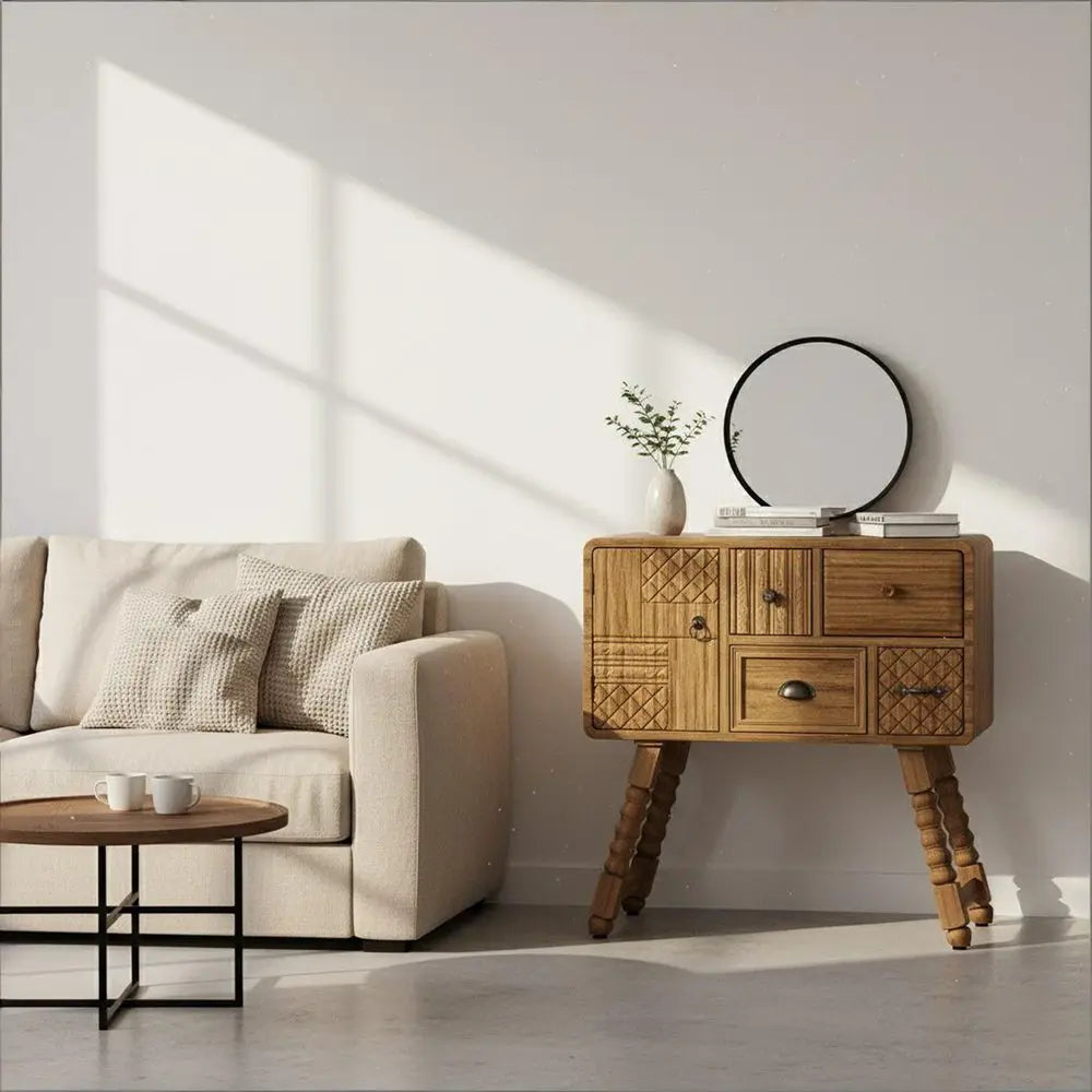 32" Sepia Solid Wood Console Accent Cabinet With Single Door And Four Drawers - NOVA HOME FURNITURE