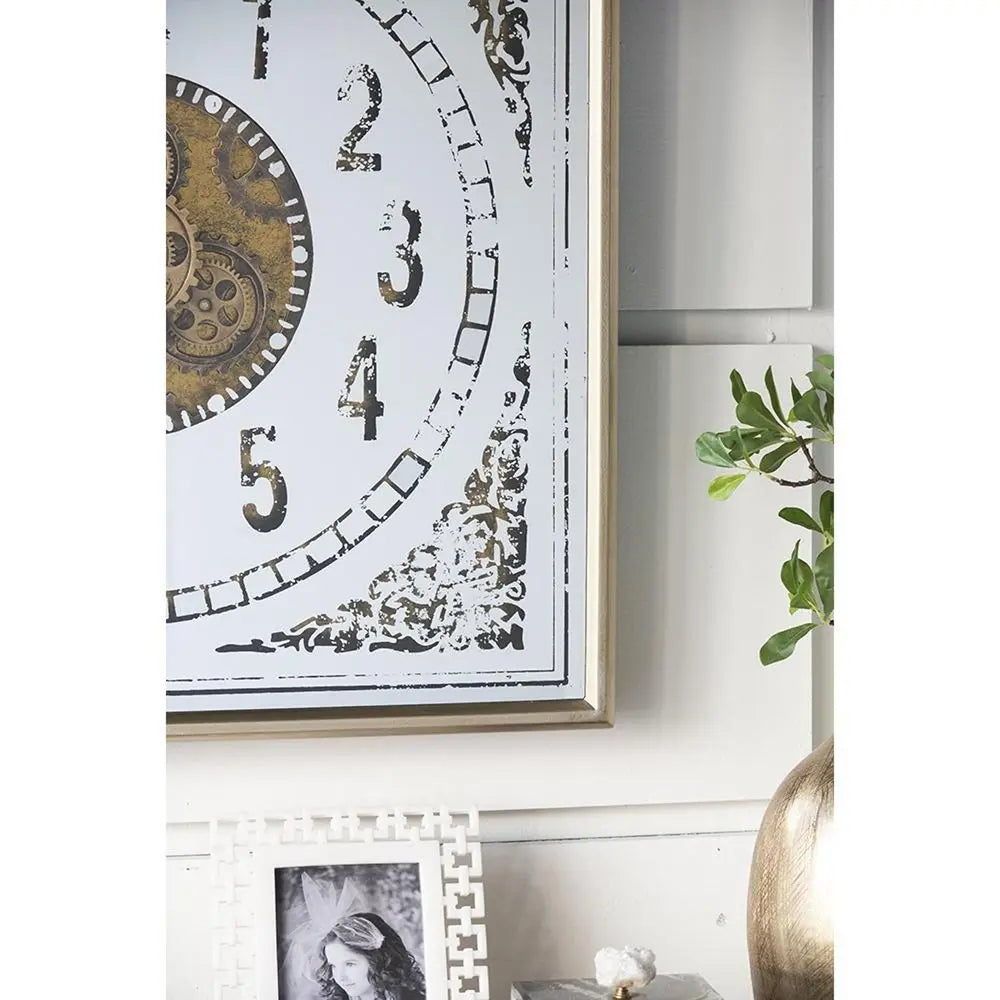 32" Square Gold and Silver Wood and Mirror Analog Exposed Gear Wall Clock - NOBLE HOME INTERIORS