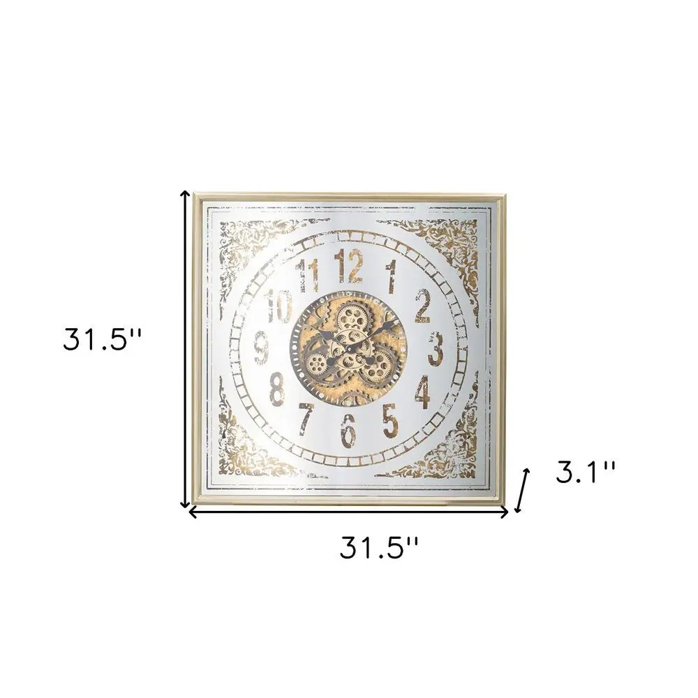 32" Square Gold and Silver Wood and Mirror Analog Exposed Gear Wall Clock - NOBLE HOME INTERIORS