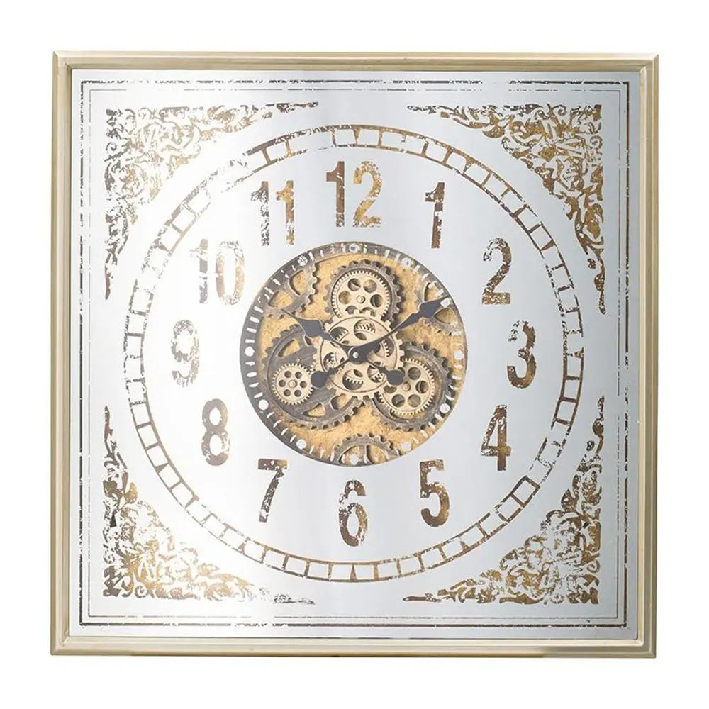 32" Square Gold and Silver Wood and Mirror Analog Exposed Gear Wall Clock - NOBLE HOME INTERIORS