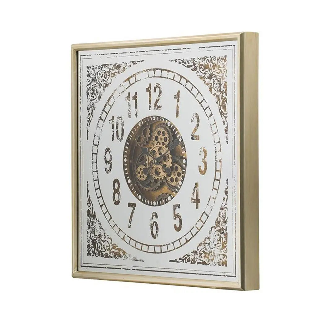 32" Square Gold and Silver Wood and Mirror Analog Exposed Gear Wall Clock - NOBLE HOME INTERIORS