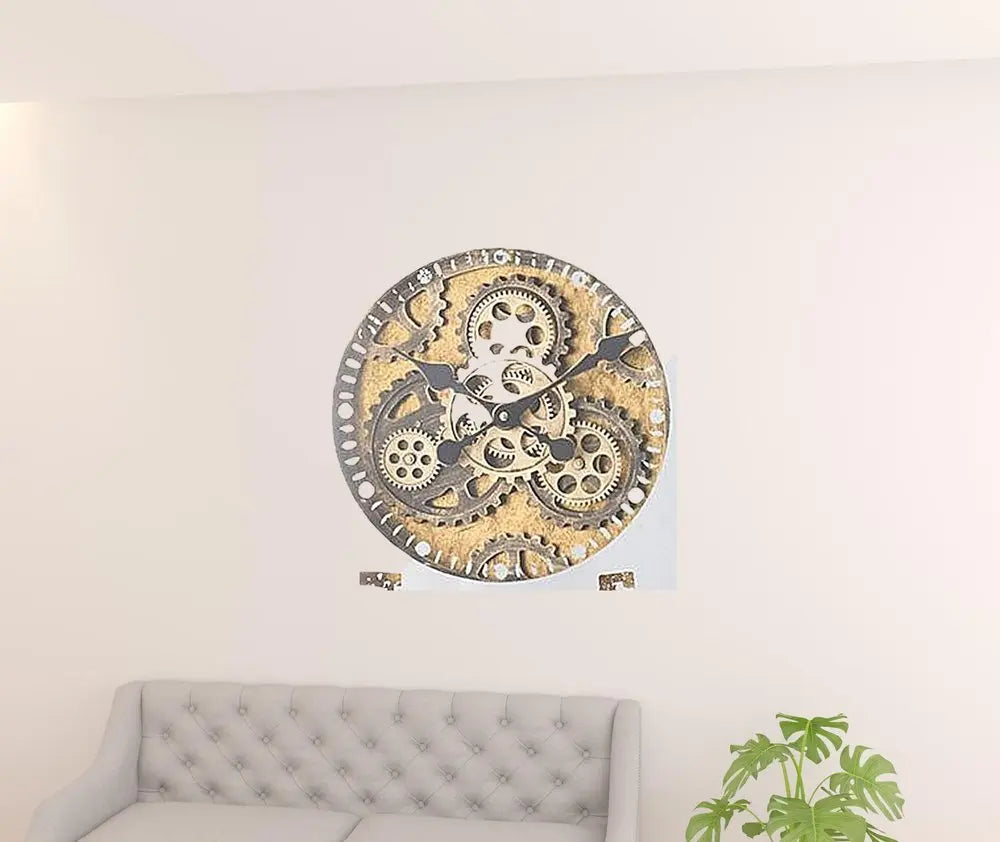 32" Square Gold and Silver Wood and Mirror Analog Exposed Gear Wall Clock - NOBLE HOME INTERIORS