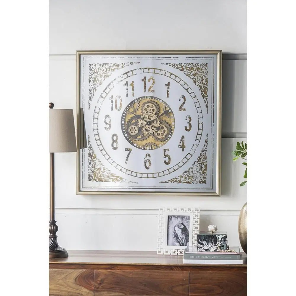 32" Square Gold and Silver Wood and Mirror Analog Exposed Gear Wall Clock - NOBLE HOME INTERIORS