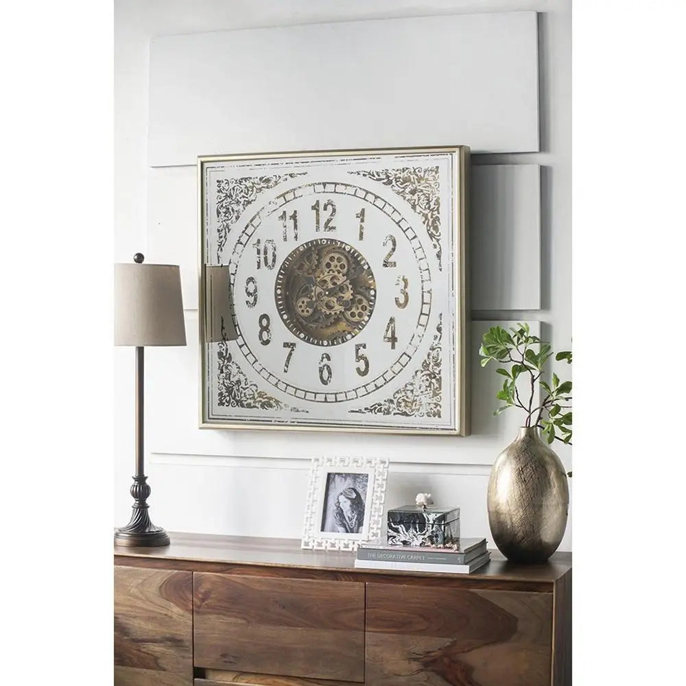 32" Square Gold and Silver Wood and Mirror Analog Exposed Gear Wall Clock - NOBLE HOME INTERIORS