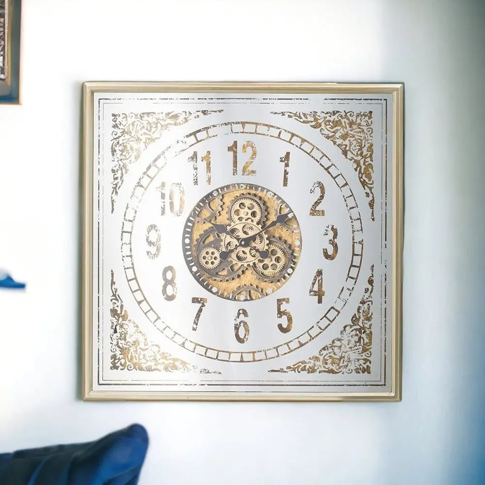 32" Square Gold and Silver Wood and Mirror Analog Exposed Gear Wall Clock - NOBLE HOME INTERIORS