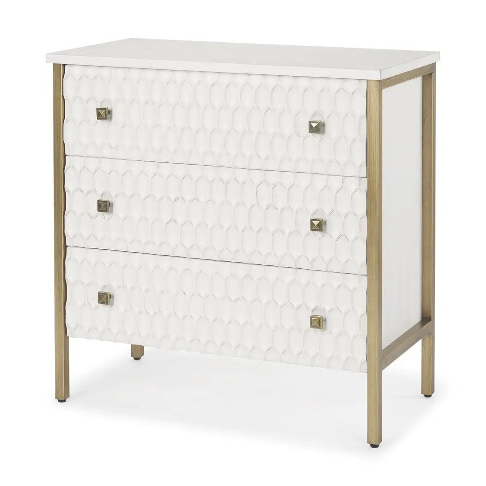32" White and Gold Wood and Metal Carved Geometric Accent Cabinet With Three Drawers HomeRoots