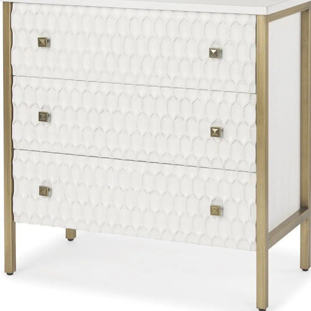 32" White and Gold Wood and Metal Carved Geometric Accent Cabinet With Three Drawers HomeRoots