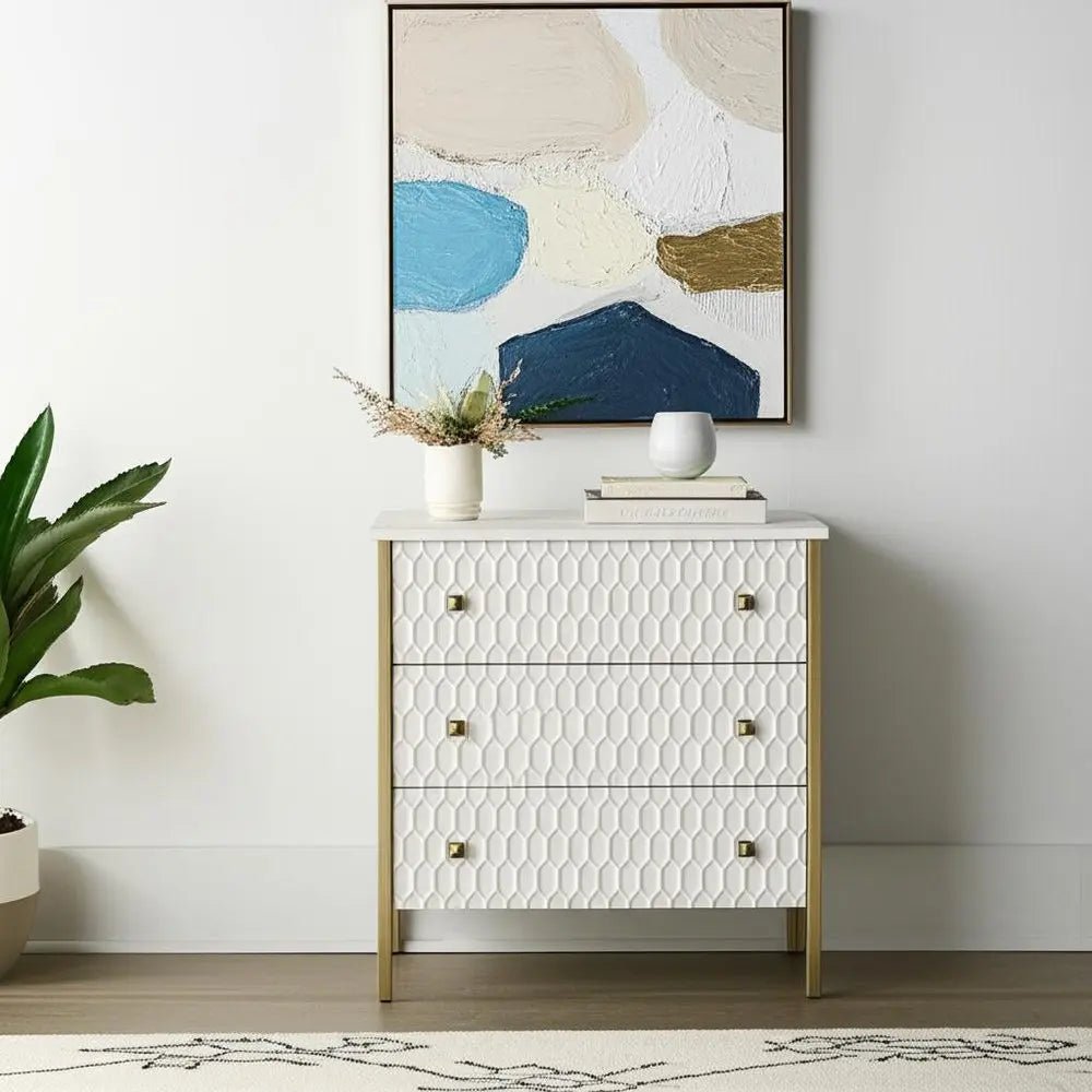 32" White and Gold Wood and Metal Carved Geometric Accent Cabinet With Three Drawers HomeRoots