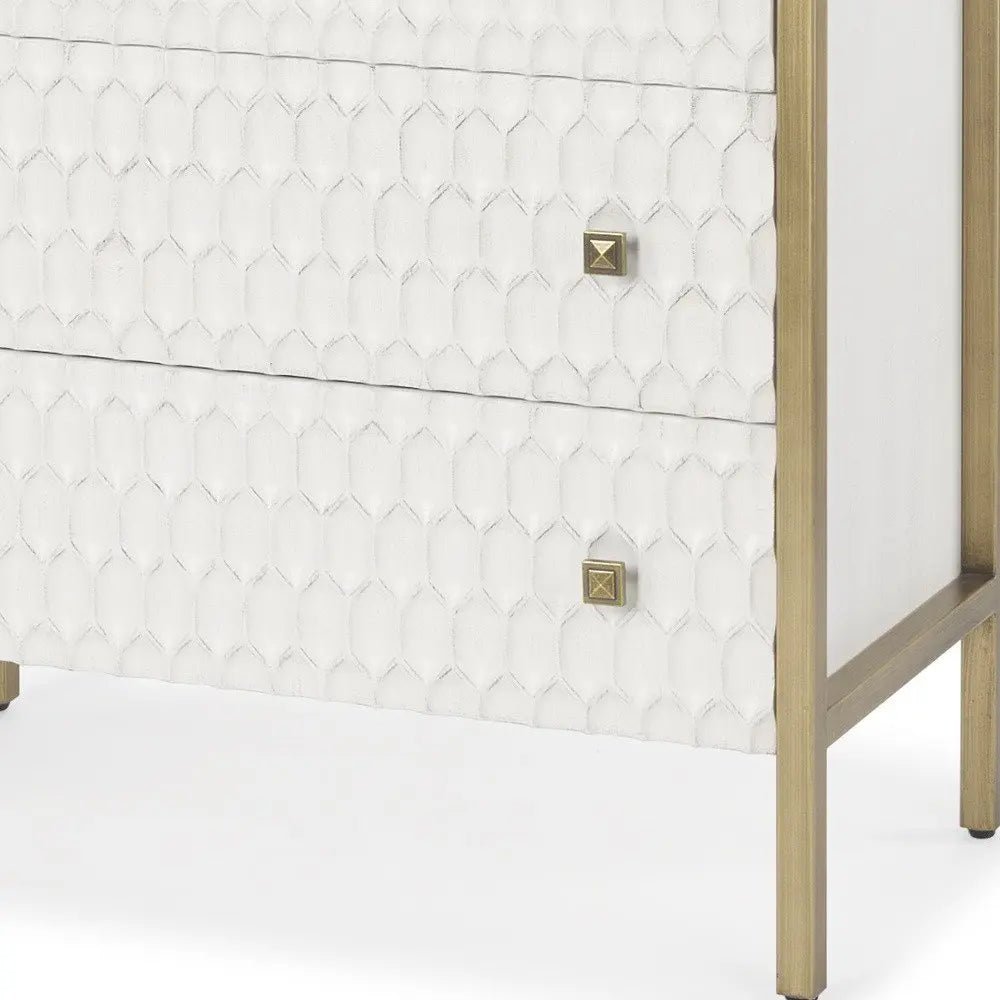 32" White and Gold Wood and Metal Carved Geometric Accent Cabinet With Three Drawers HomeRoots