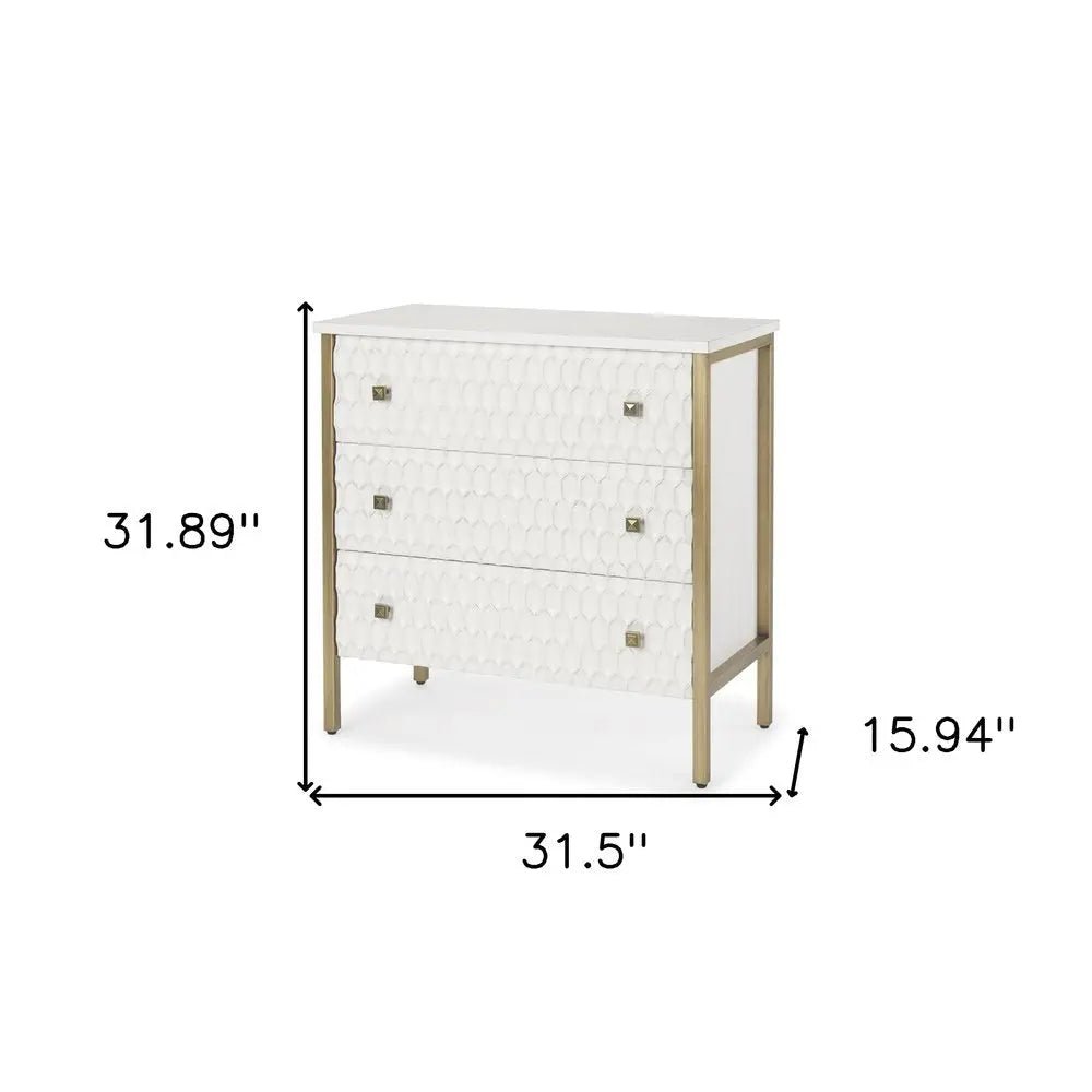 32" White and Gold Wood and Metal Carved Geometric Accent Cabinet With Three Drawers HomeRoots