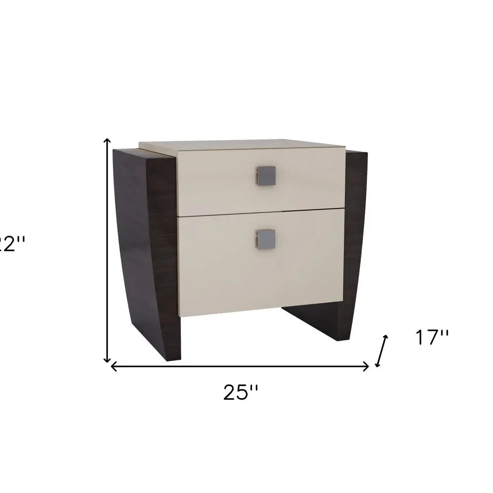22" Beige and Dark Brown Two Drawer Wood Mirrored Nightstand With Storage HomeRoots