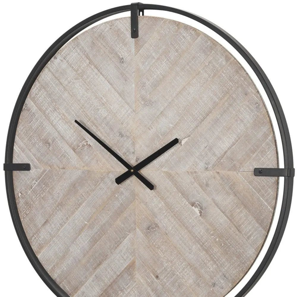 33" Black And Natural Metal And Solid Wood Analog Distressed Round Wall Clock HomeRoots