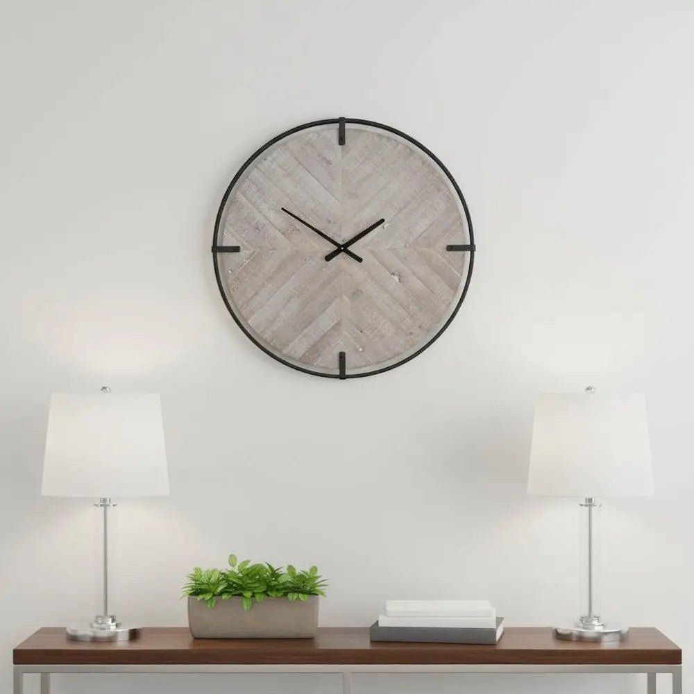 33" Black And Natural Metal And Solid Wood Analog Distressed Round Wall Clock HomeRoots