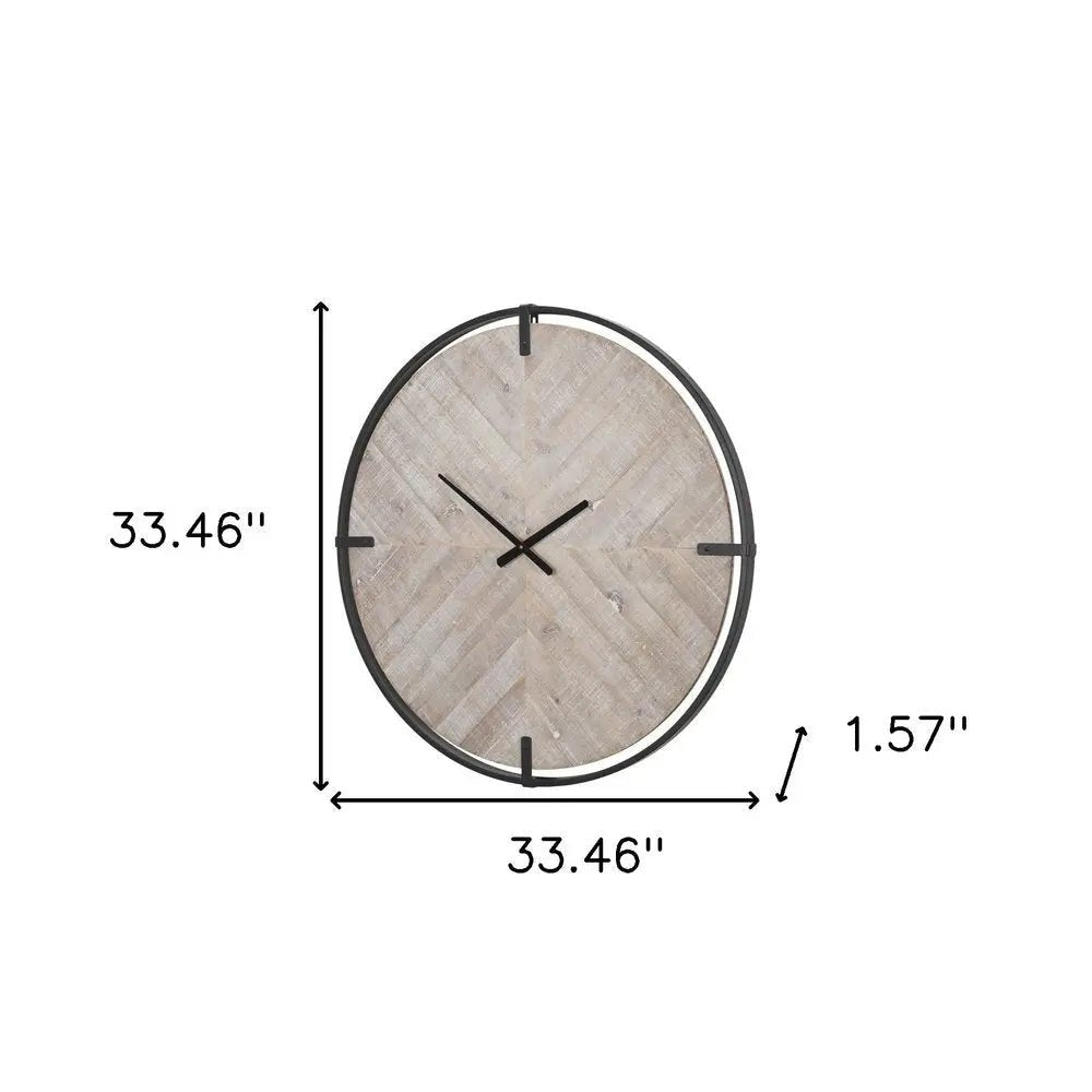 33" Black And Natural Metal And Solid Wood Analog Distressed Round Wall Clock HomeRoots