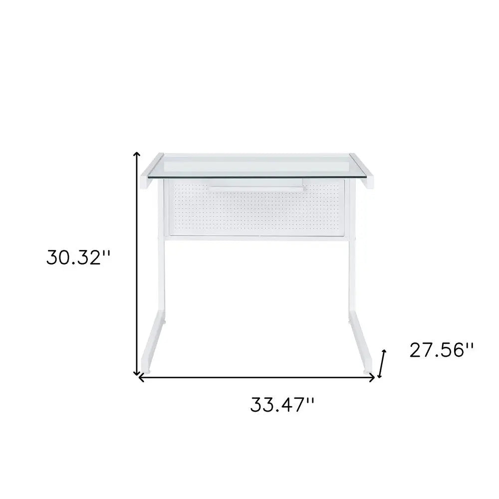 33" Clear and White Glass and Stainless Steel Writing Desk - NOBLE HOME INTERIORS