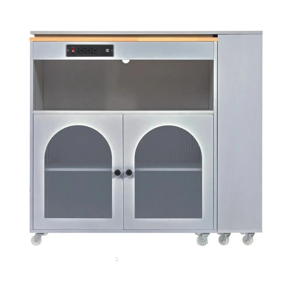 33" Gray Wood Barn Door Rolling Kitchen Island With Storage With USB - NOVA HOME FURNITURE