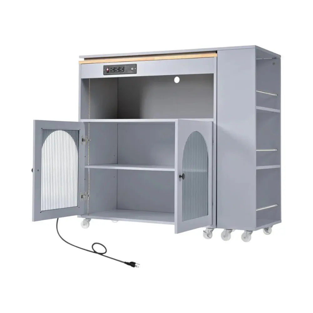 33" Gray Wood Barn Door Rolling Kitchen Island With Storage With USB - NOVA HOME FURNITURE