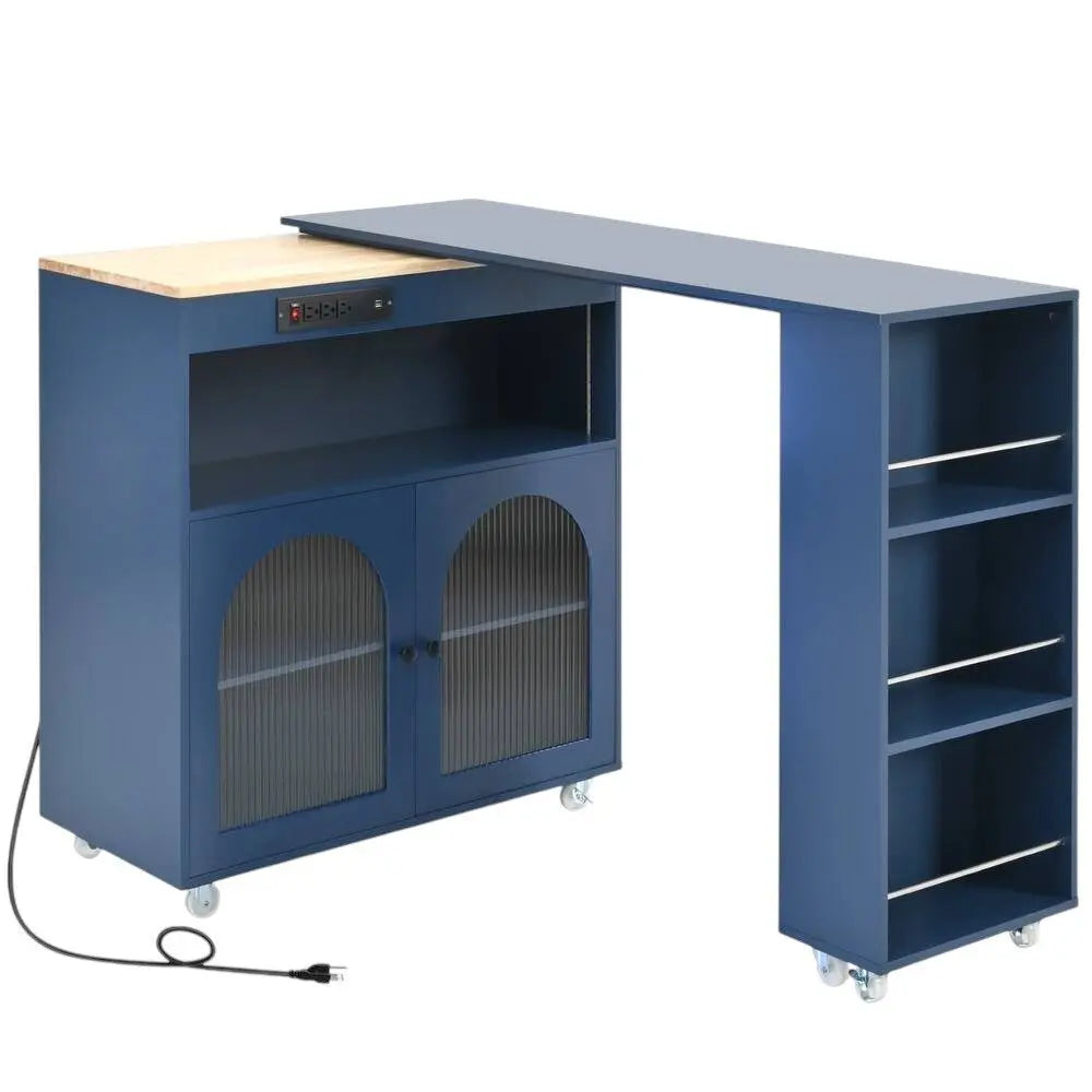 33" Navy Blue Wood Barn Door Rolling Kitchen Island With Storage With USB - NOVA HOME FURNITURE