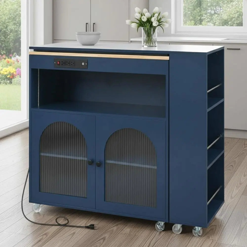 33" Navy Blue Wood Barn Door Rolling Kitchen Island With Storage With USB - NOVA HOME FURNITURE