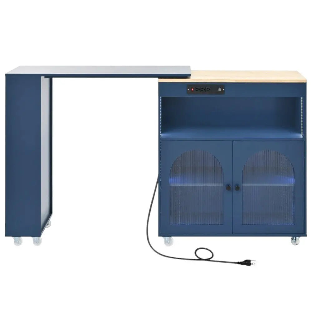 33" Navy Blue Wood Barn Door Rolling Kitchen Island With Storage With USB - NOVA HOME FURNITURE