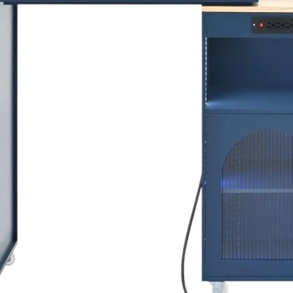 33" Navy Blue Wood Barn Door Rolling Kitchen Island With Storage With USB - NOVA HOME FURNITURE