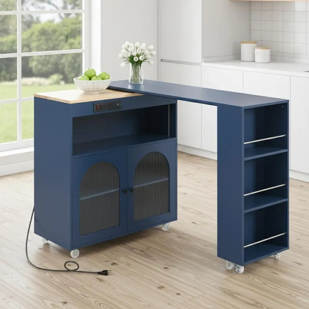 33" Navy Blue Wood Barn Door Rolling Kitchen Island With Storage With USB - NOVA HOME FURNITURE