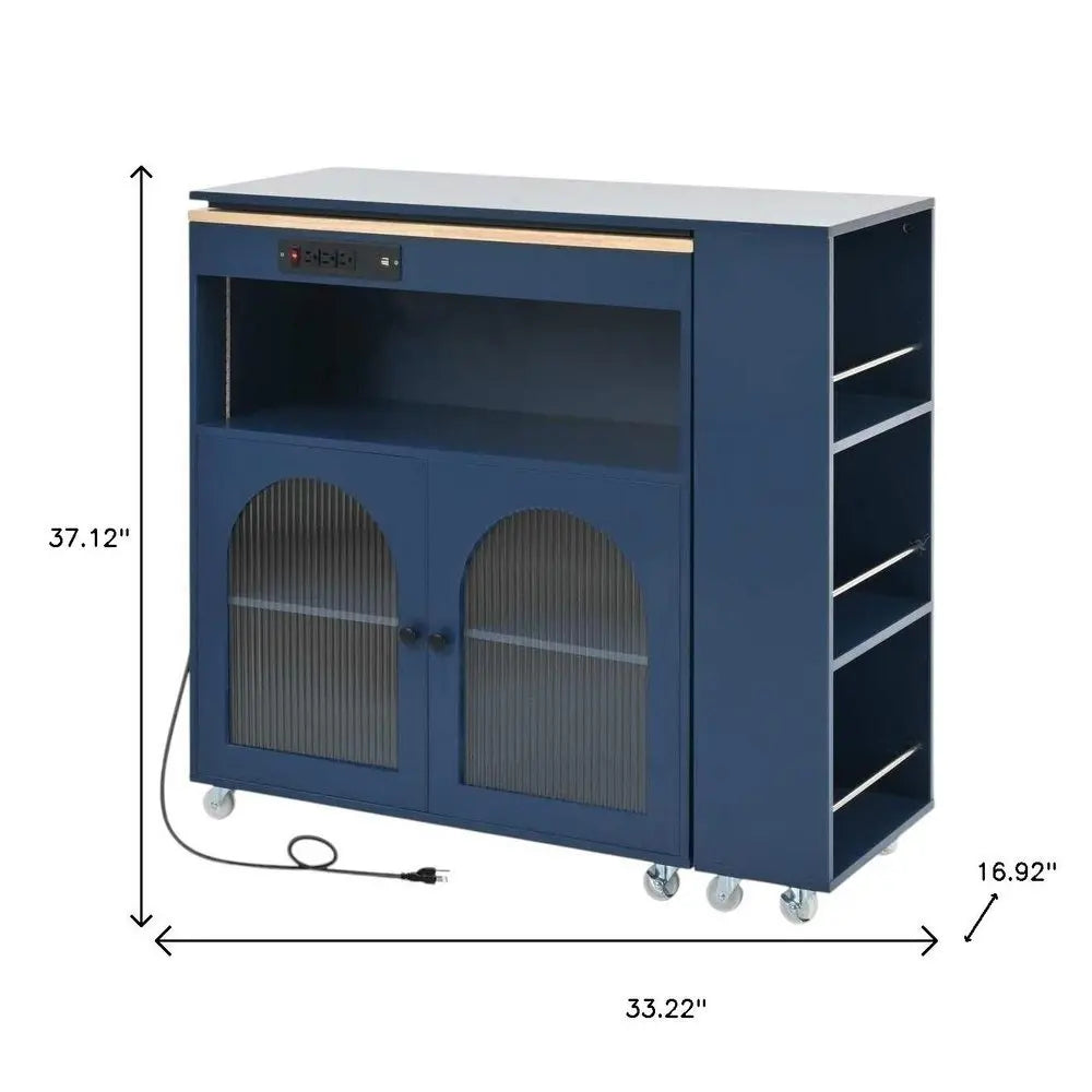 33" Navy Blue Wood Barn Door Rolling Kitchen Island With Storage With USB - NOVA HOME FURNITURE