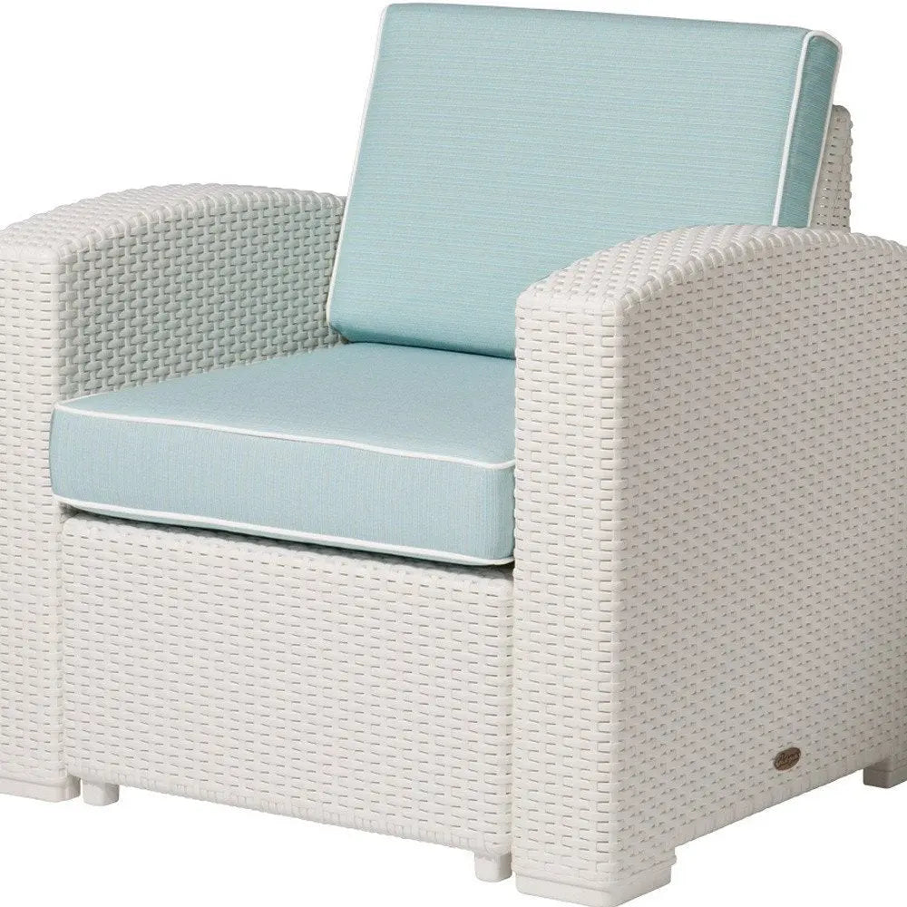33" White Heavy Duty Plastic Outdoor Club Chair With Aqua Blue Cushion - NOBLE HOME INTERIORS